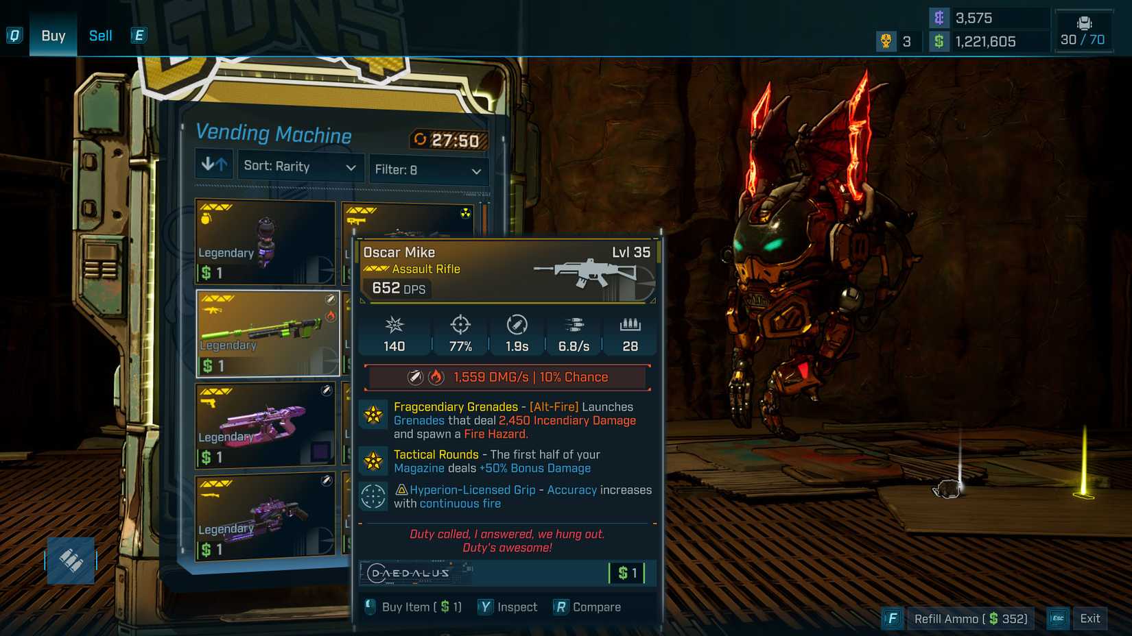 A Borderlands 4 screenshot showing the rewards you may get from the Legendary Vending Machine in the "Vend of the Line" quest