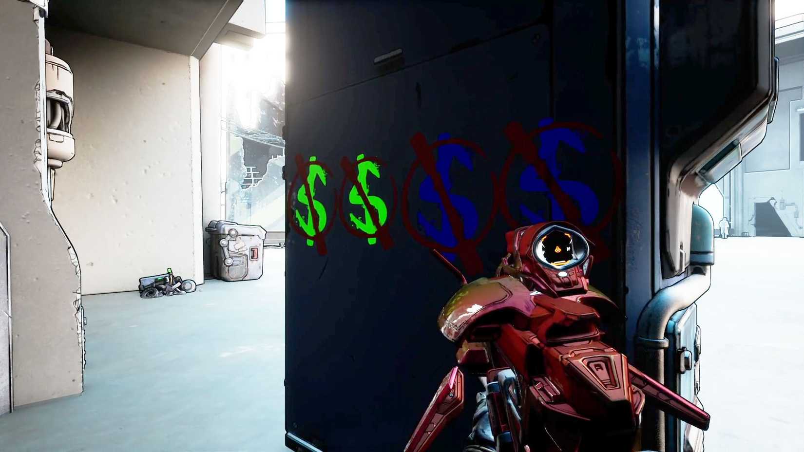 A Borderlands 4 screenshot showing the location where players can find the code for the first vending machine in the "Vend of the Line" side quest