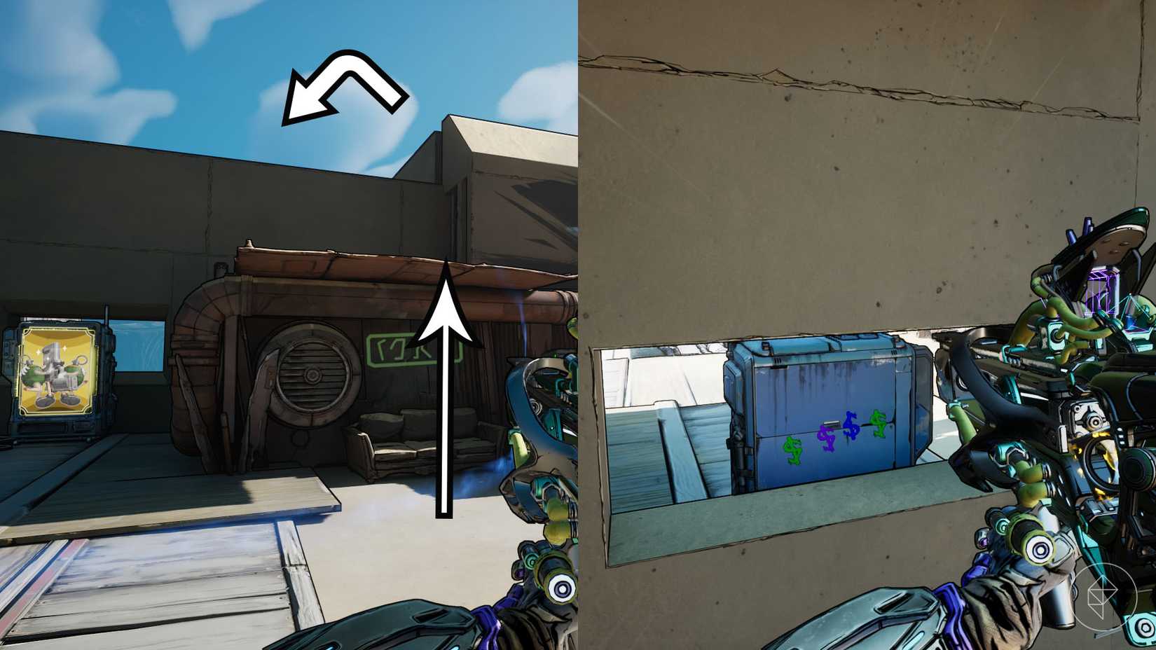  montage of two Borderlands 4 images showing the location where players can find the code for the second vending machine in the "Vend of the Line" side quest