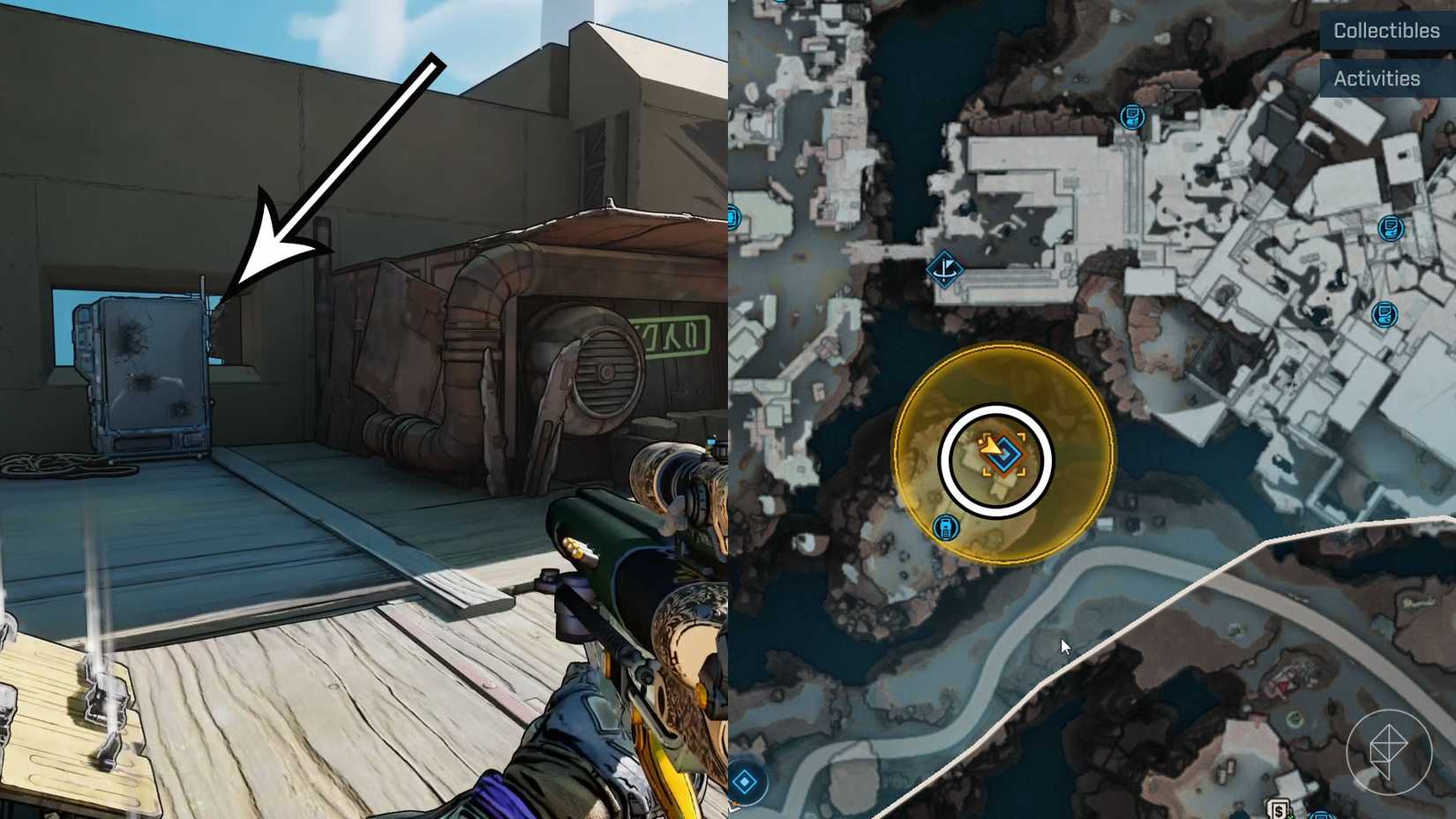 A montage of two Borderlands 4 images showing the location where players can find the second vending machine in the "Vend of the Line" side quest