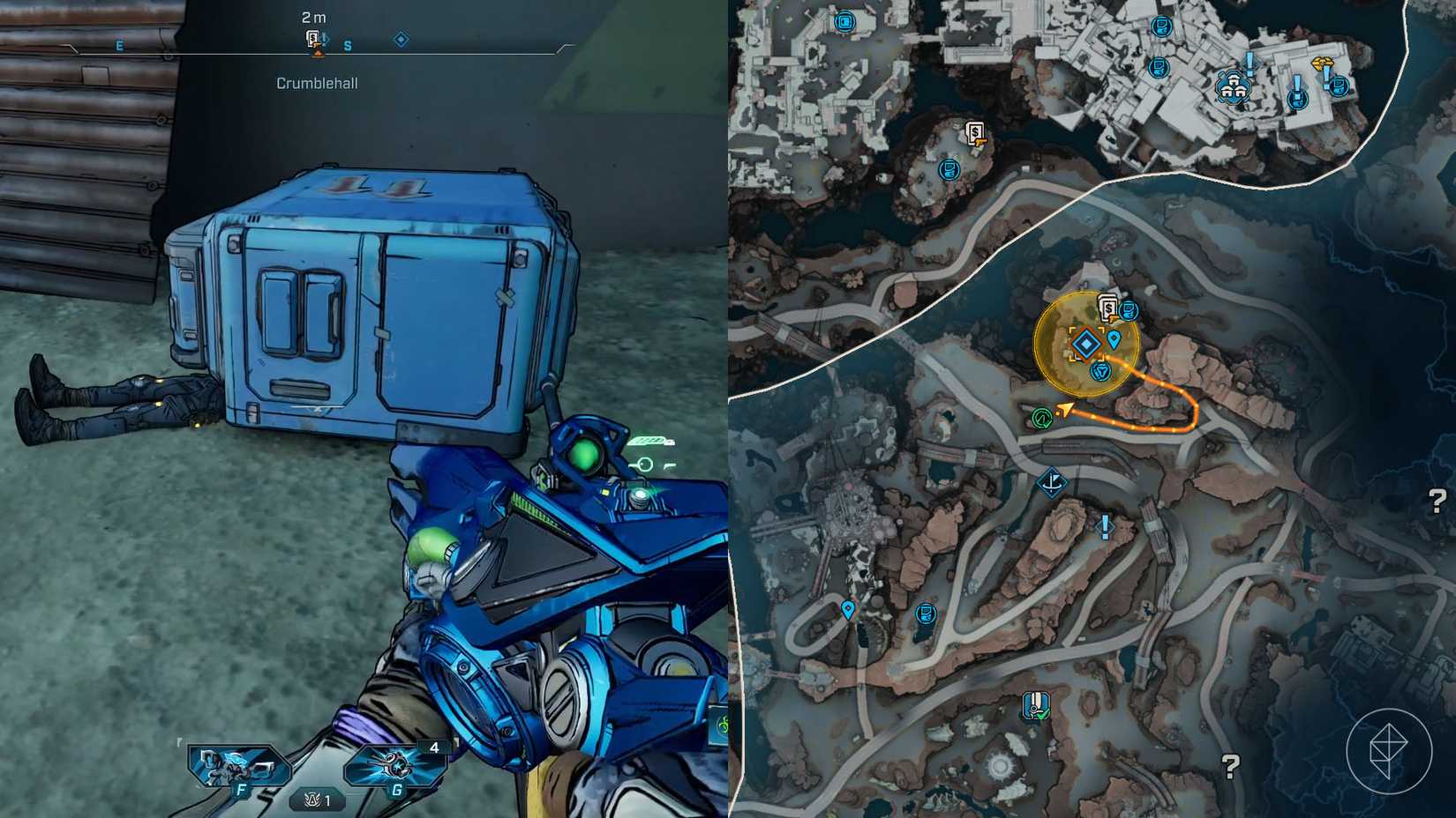 A montage of two Borderlands 4 images showing the location where players can find the third vending machine in the "Vend of the Line" side quest