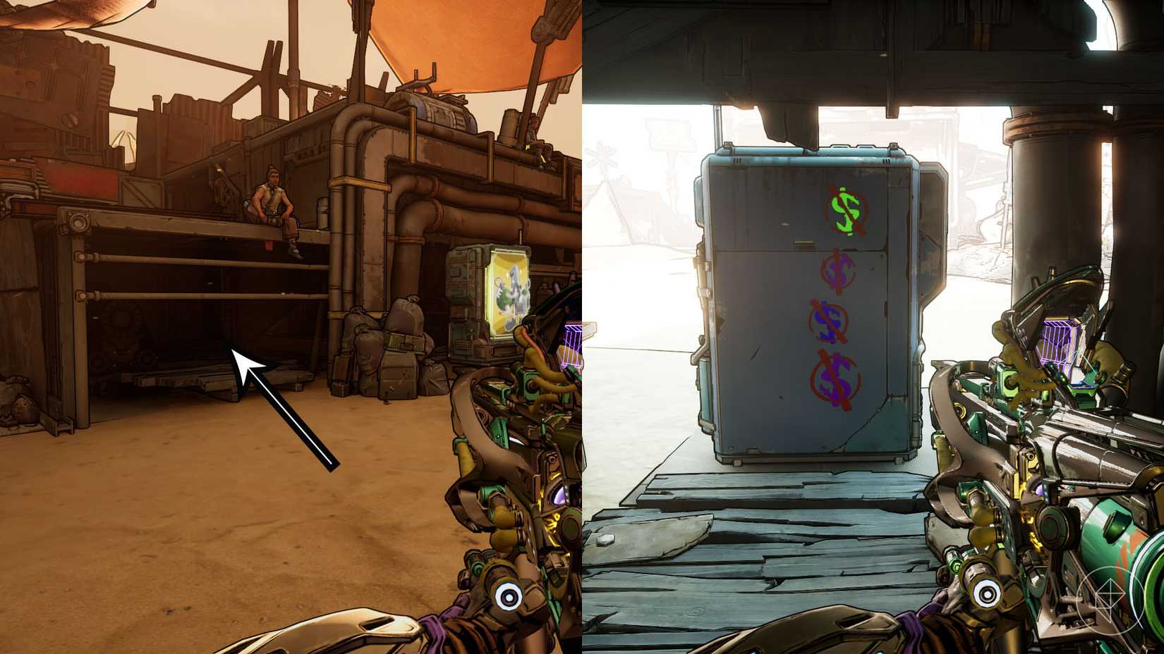 A montage of two Borderlands 4 images showing the location where players can find the code for the fourth vending machine in the "Vend of the Line" side quest