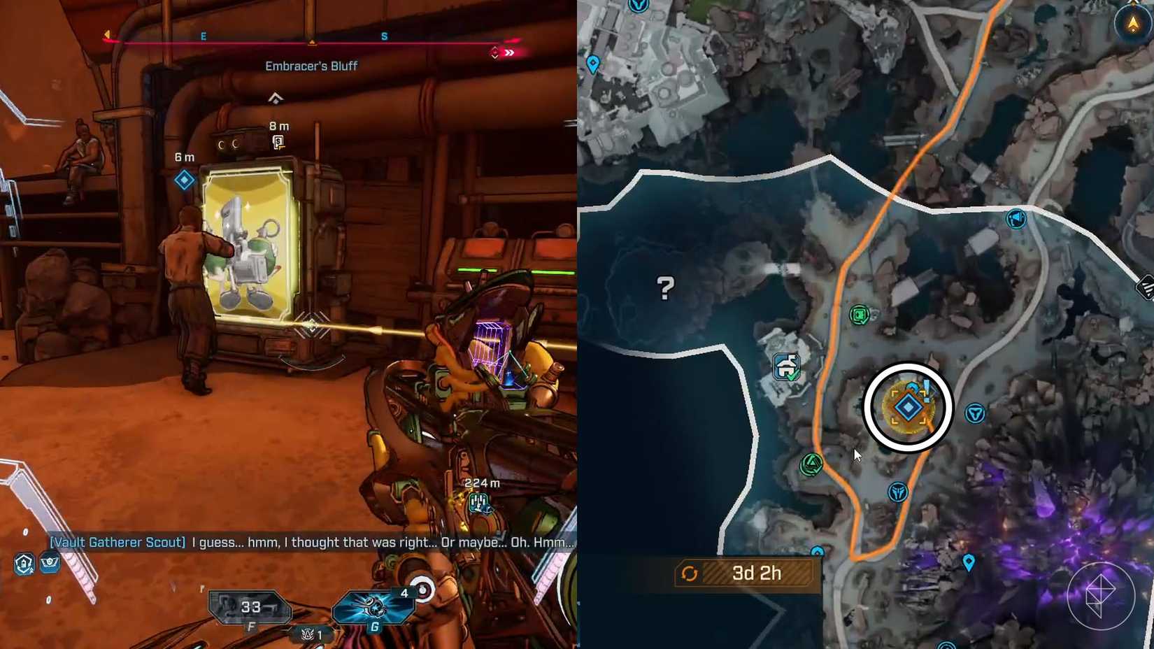 A montage of two Borderlands 4 images showing the location where players can find the fourth vending machine in the "Vend of the Line" side quest