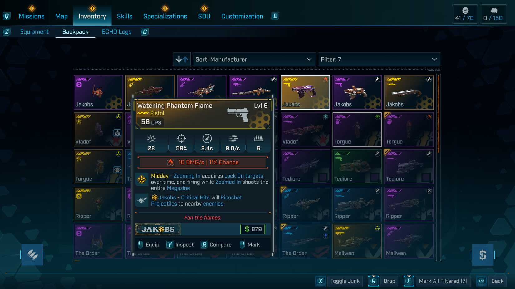 A Borderlands 4 screenshot showing a Jakob gun and its affixes