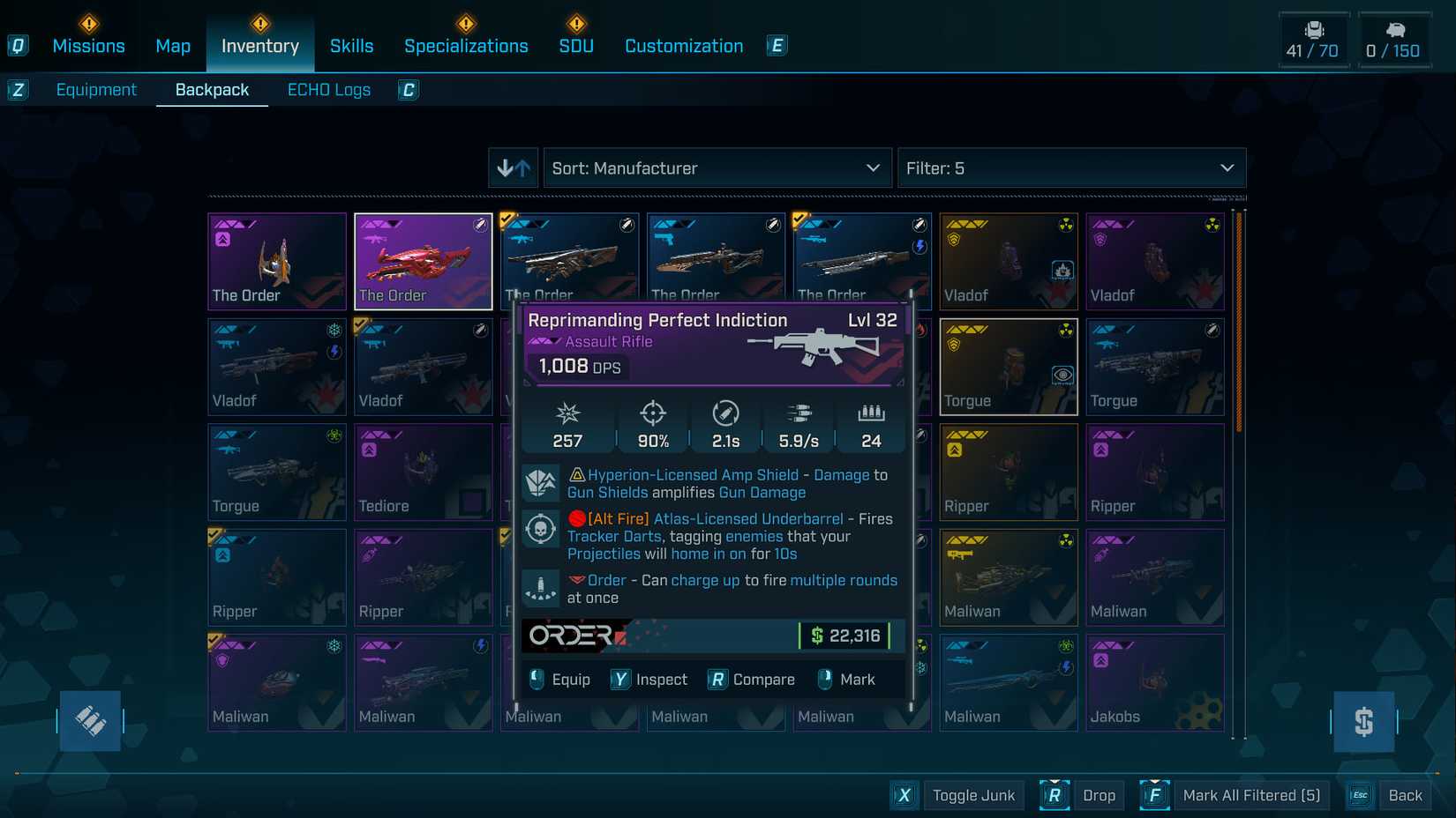 A Borderlands 4 screenshot showing an Order gun and its affixes