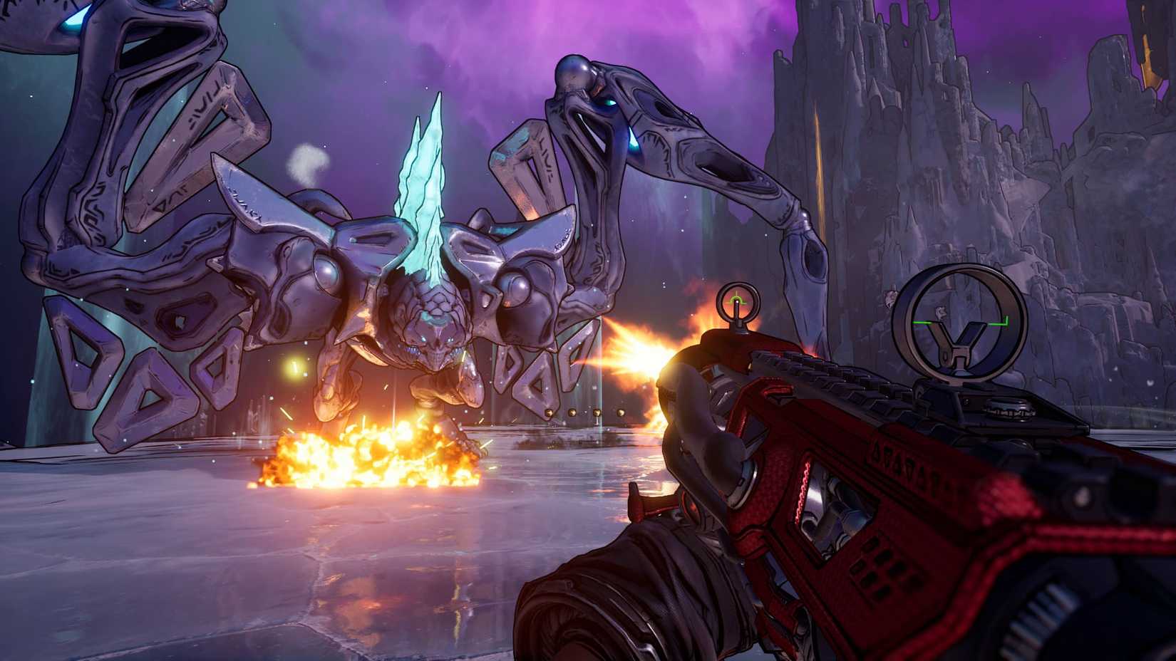 Uma captura de tela oficial da Borderlands 4 tirada em um Switch 2 mostrando um personagem lutando contra uma criatura semelhante a um dragão
