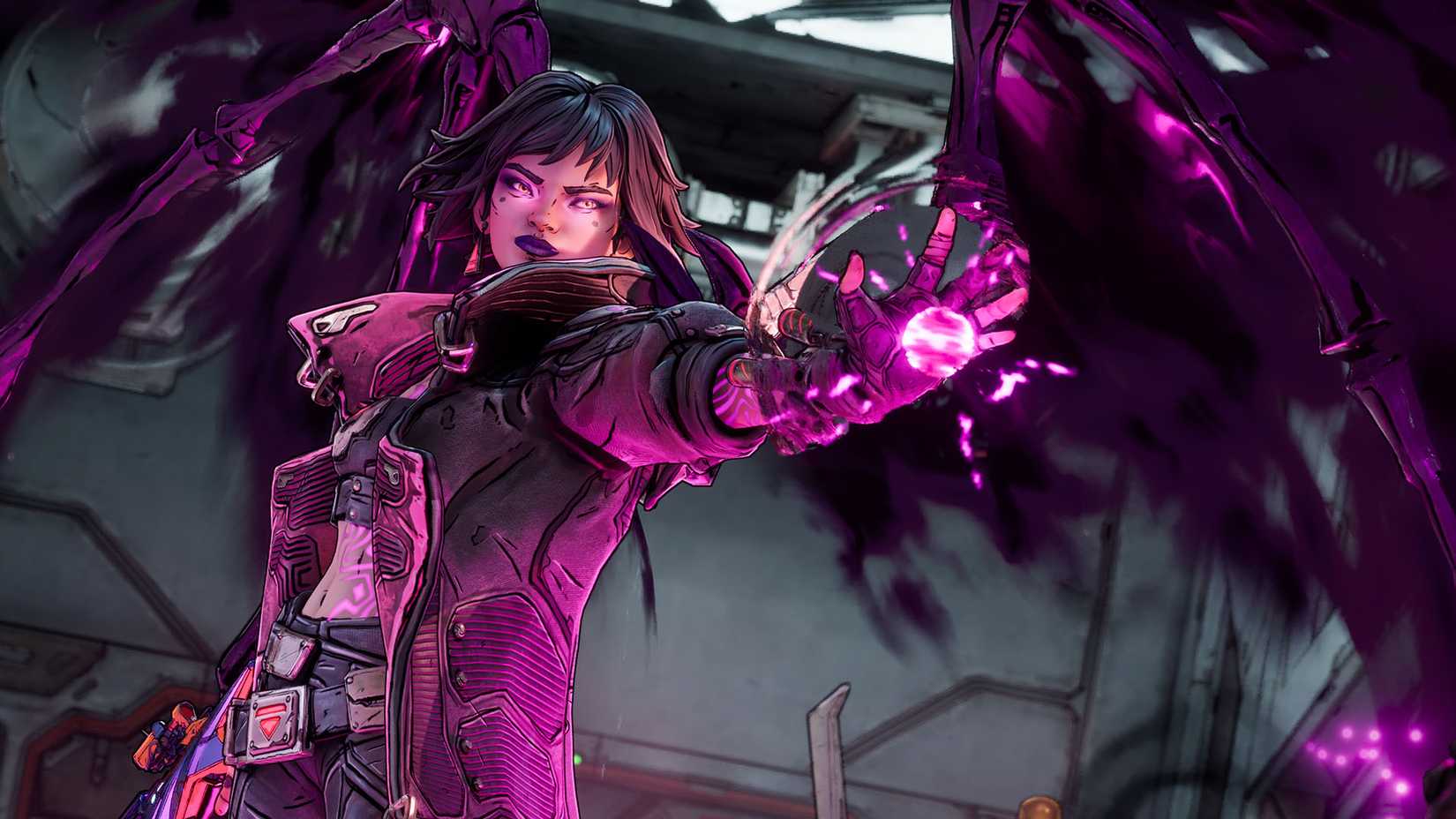 Uma captura de tela oficial da Borderlands 4 mostrando Vex, a sirene com asas roxas demoníacas nas costas
