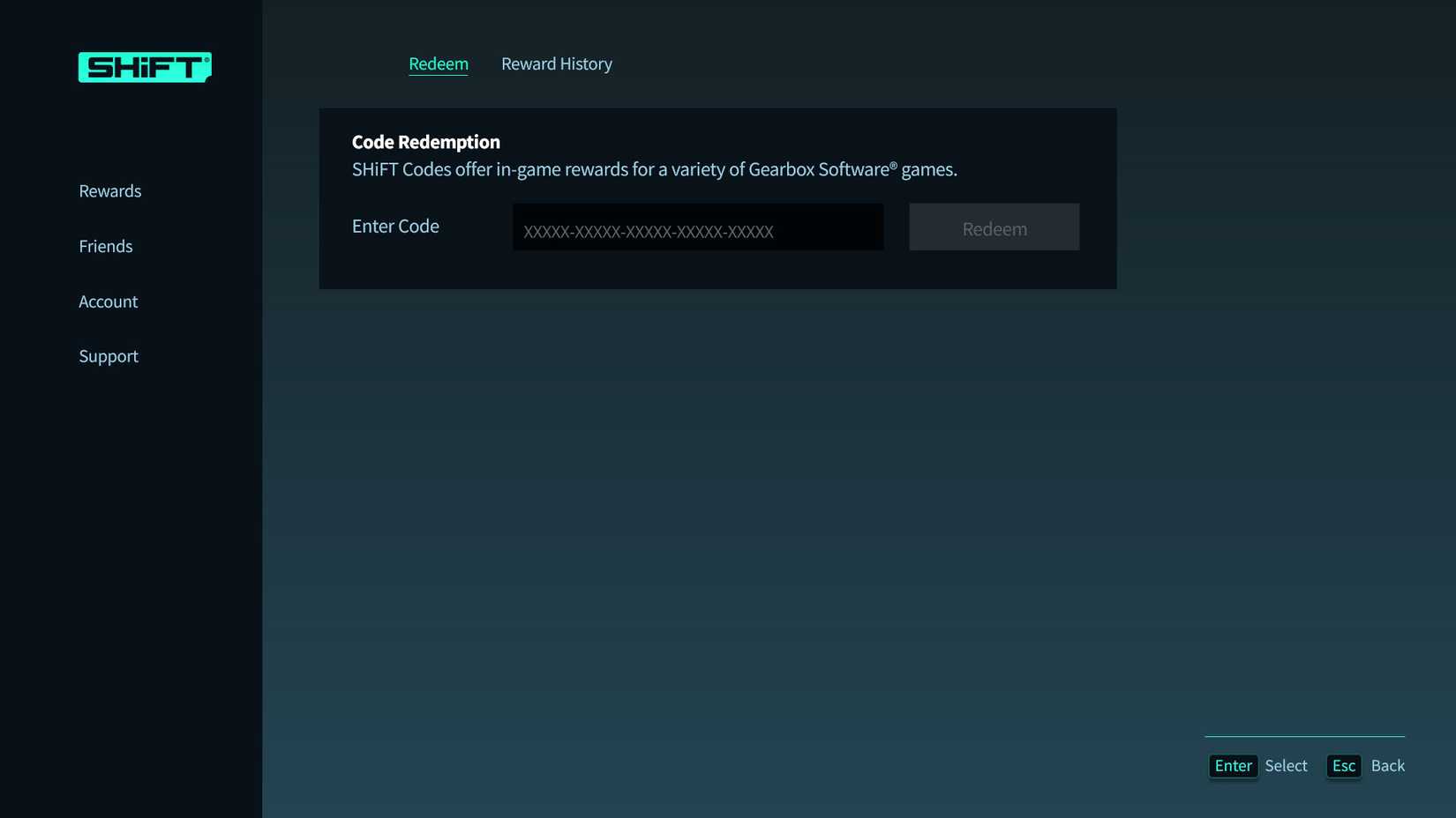A Borderlands 4 screenshot showing the SHIFT menu
