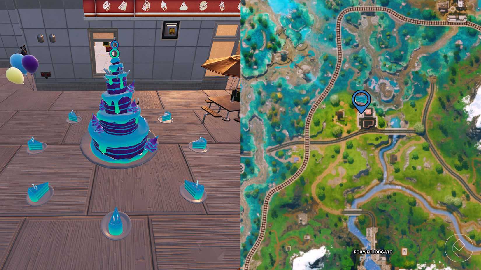 फोर्टनाइट में बर्ड गैस स्टेशन पर एक जन्मदिन का केक।