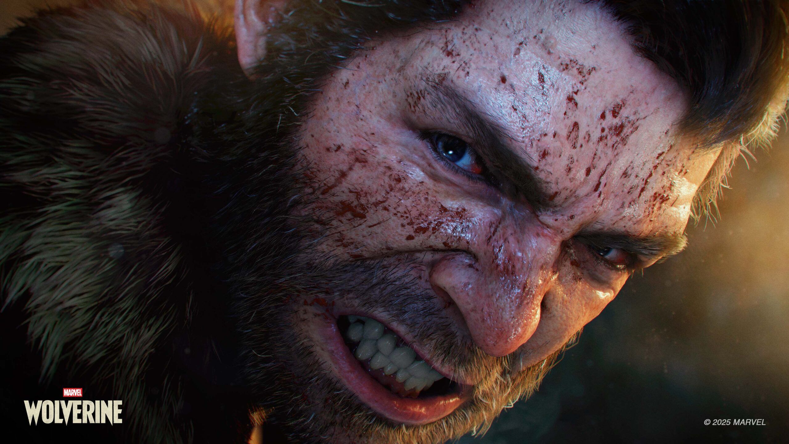 Logan covered in blood in Insomniac Games' upcoming Marvel's Wolverine, a PS5 exclusive. Logan is wearing a fur coat. 