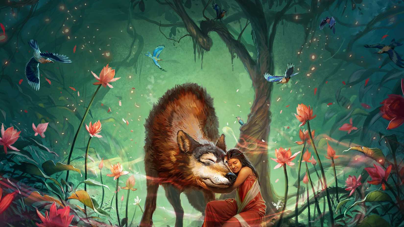 A girl hugs a wolf in art from Cypher