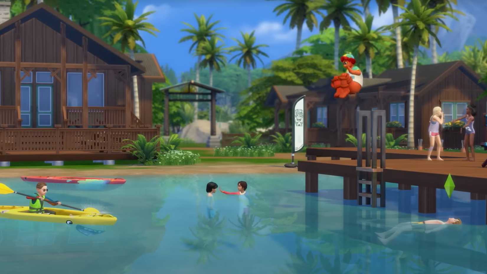 बाल-सिम्स (और एक काल्पनिक दोस्त) का एक समूह कैंप गिबी गिबी में पानी का आनंद लेता है।