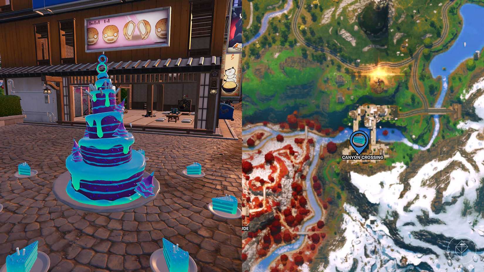 बर्थडे केक फोर्टनाइट में कैनियन क्रॉसिंग में पाया गया।