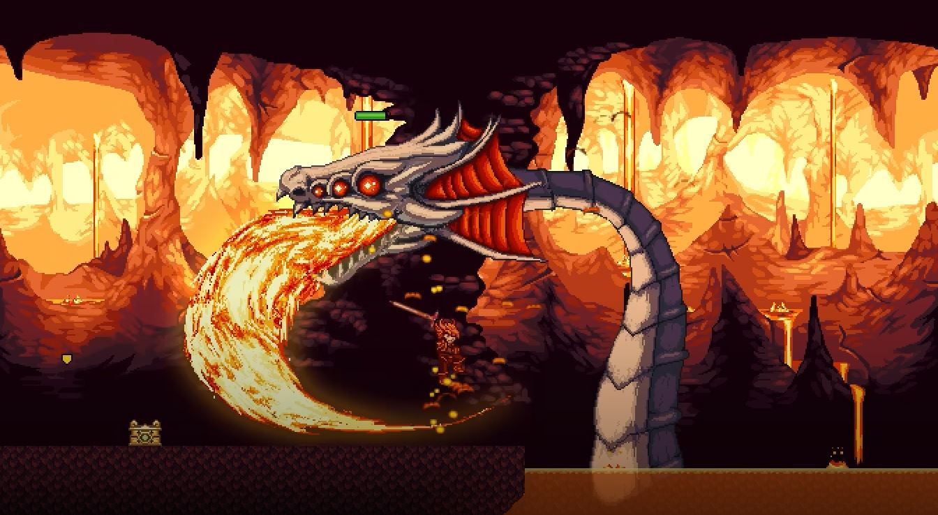 A player in Planet Centauri fights a dragon as it spews fire from its maw on a planet with a red hue. 