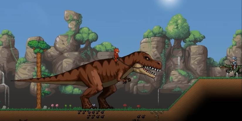 A player in Planet Centauri rides a dinosaur as they explore a planet. 