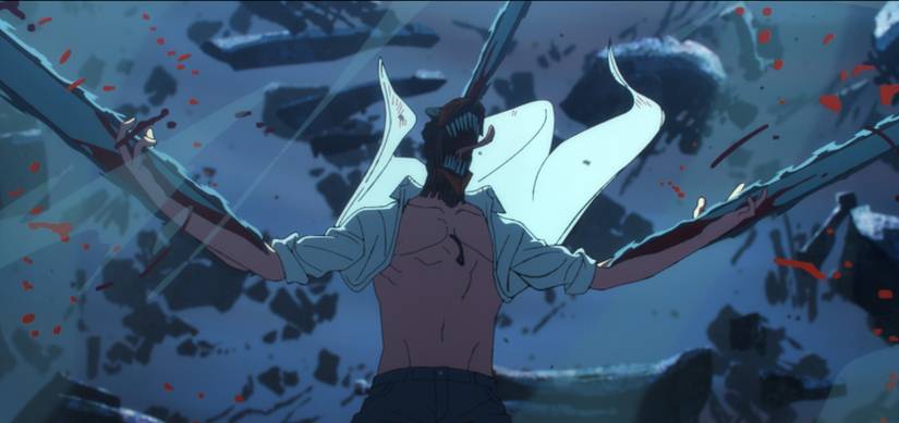Still from the Reze Arc trailer showing Chainsaw Man slicing through a vortex of debris