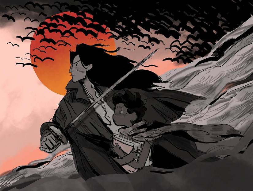 Captain Chase and Viola stand together, surrounded by billowing smoke, a huge flock of lightly sketched birds in the sky, in an illustration from Scarlet Morning