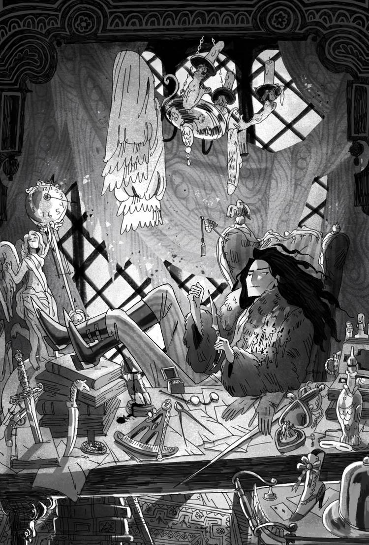 An illustration from Scarlet Morning, with Captain Chase sprawling behind a desk, cleaning her nails with a knife, in a ship's stateroom absolutely crammed with weapons, loot, and other random trinkets