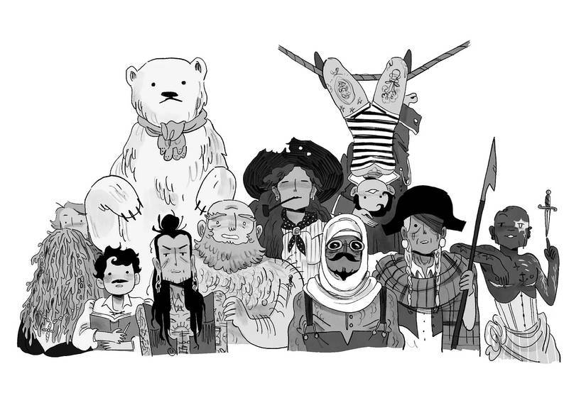 A line-art drawing of a colorful crew of pirates and a bear, from Scarlet Morning