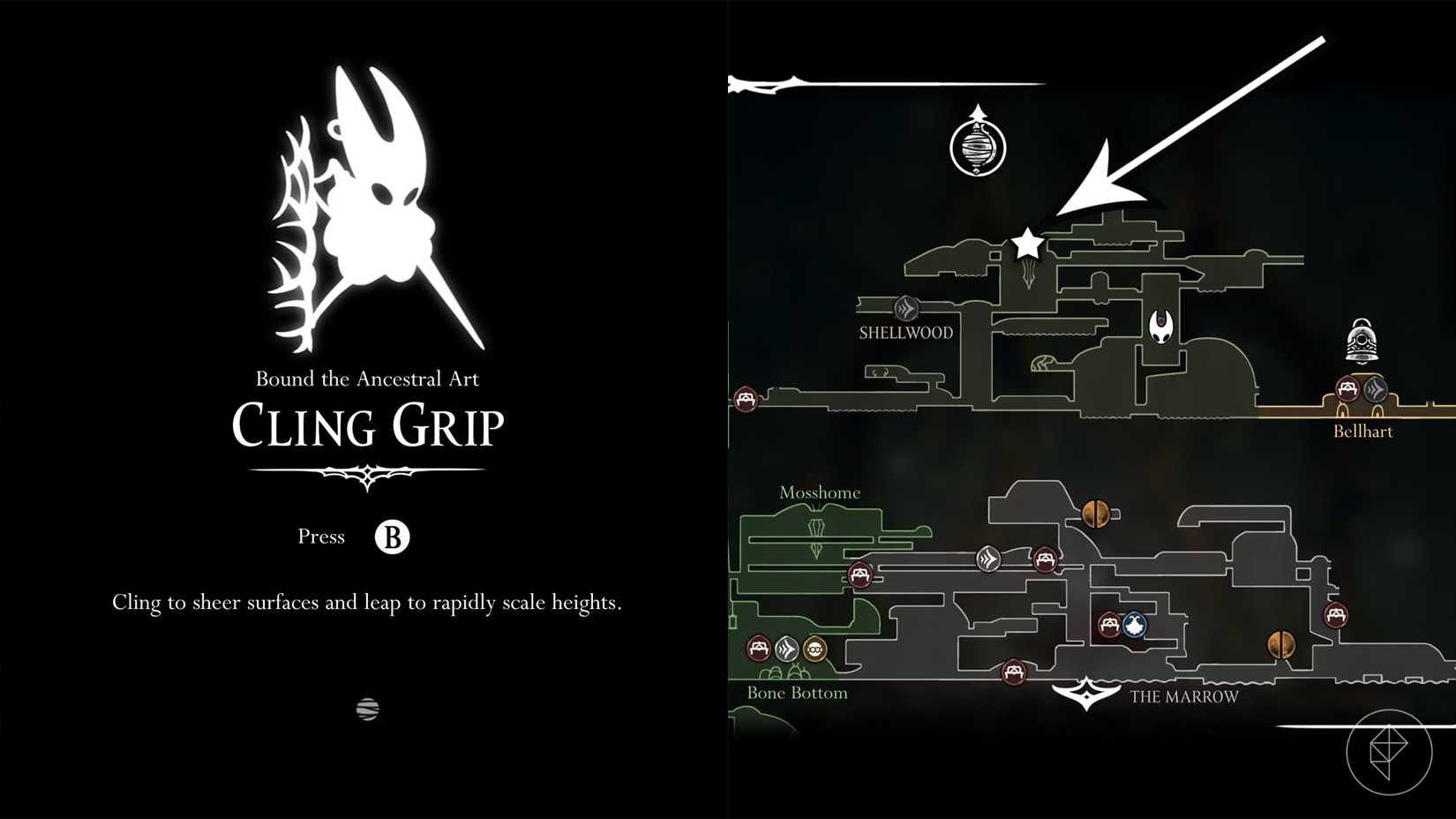 The location to unlock Cling Grip marked on the map of Hollow Knight: Silksong.