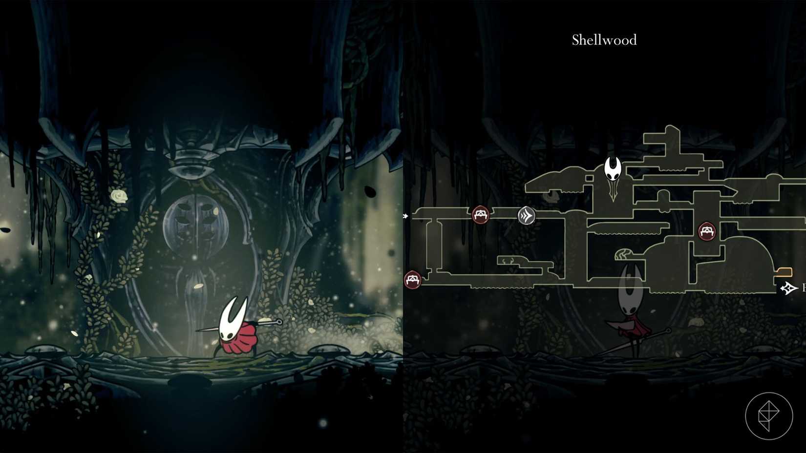 Hornet standing next to a statue along with its location marked on the map of Shellwood in Hollow Knight: Silksong.