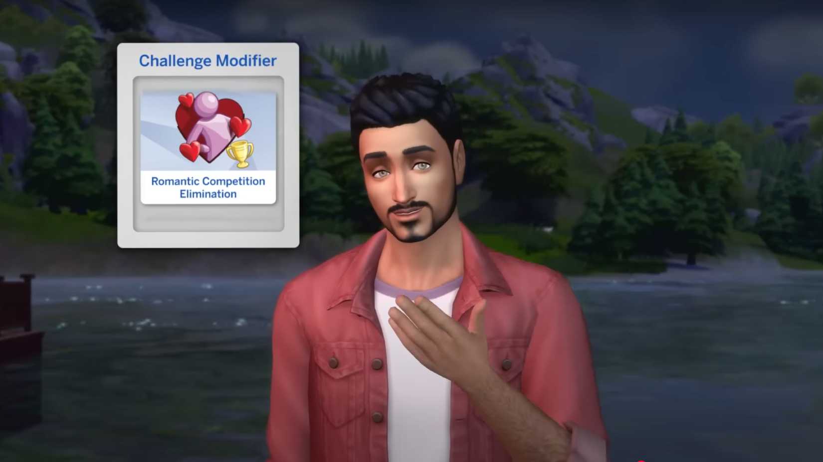 A male Sim with black hair and light skin faces the camera as a "Romantic Competition Elimination" textbox appears on-screen.