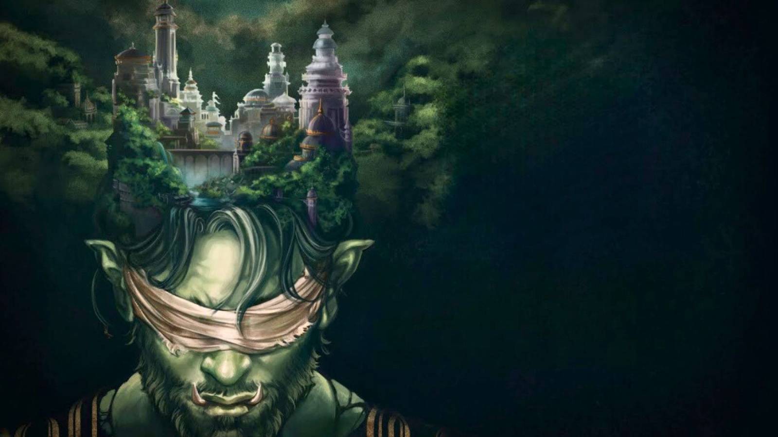 Still from Critical Role Campaign 4 trailer: an orc blindfolded with a city hovering above his head.