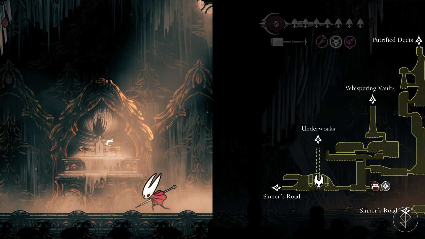 Hornet standing beside Phantom playing the organ in Silksong.