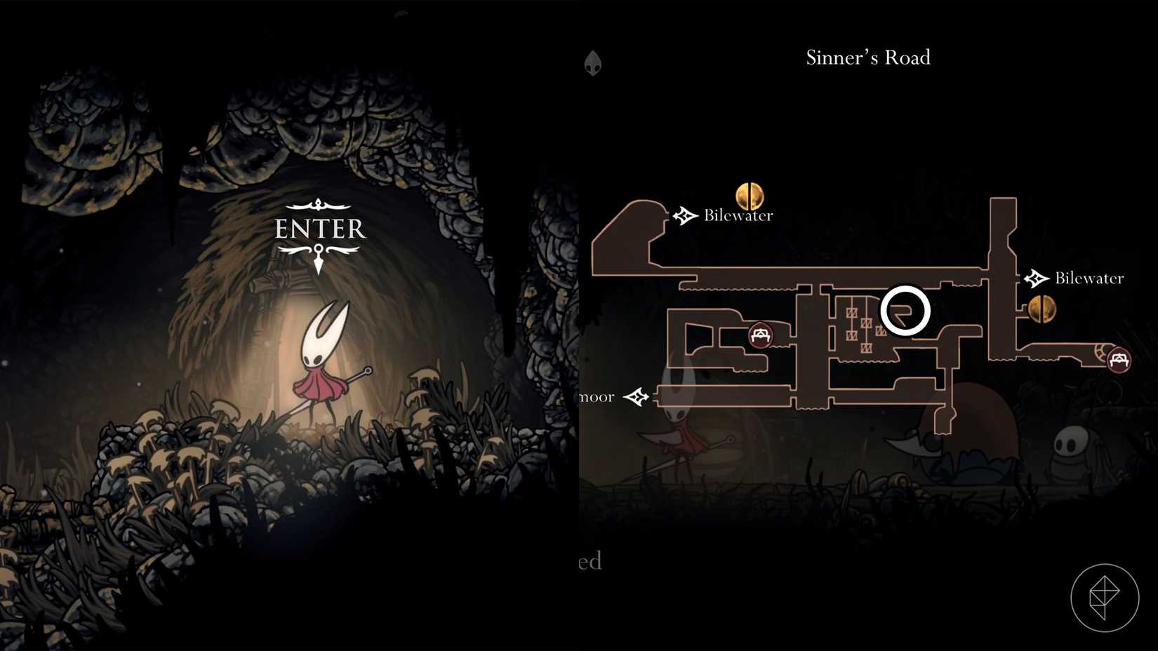 Hornet standing outside of Crull and Benjin's hut in Sinner's Road in Silksong.