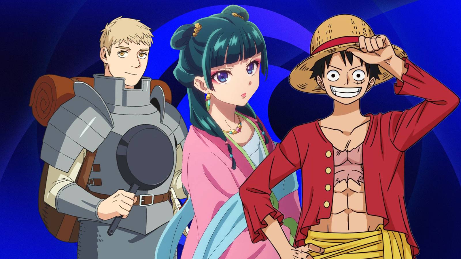 Crunchyroll manga featured image with Laios, Maomao, and Luffy