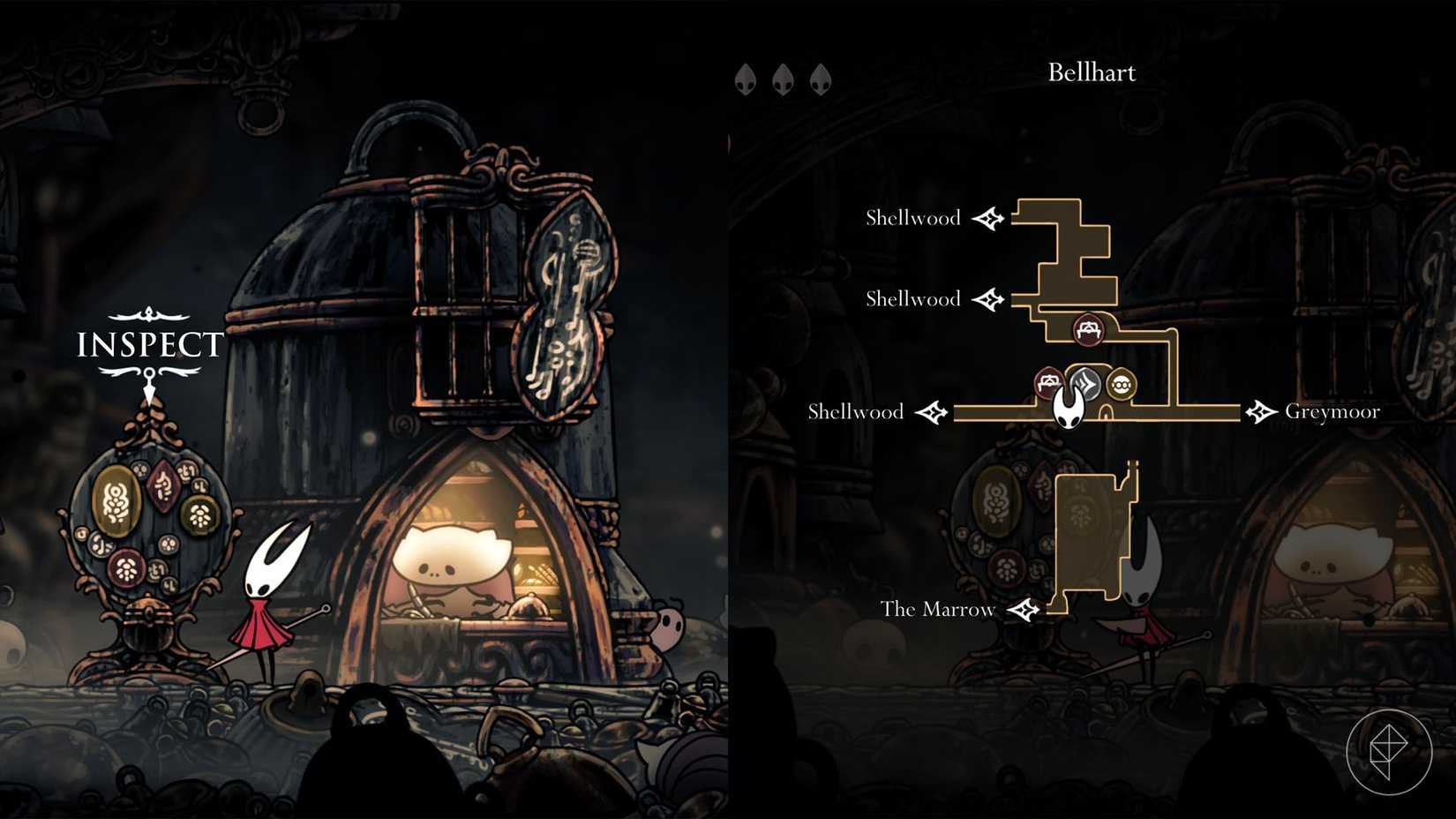 Hornet standing beside the wish board in Bellhart in Silksong.