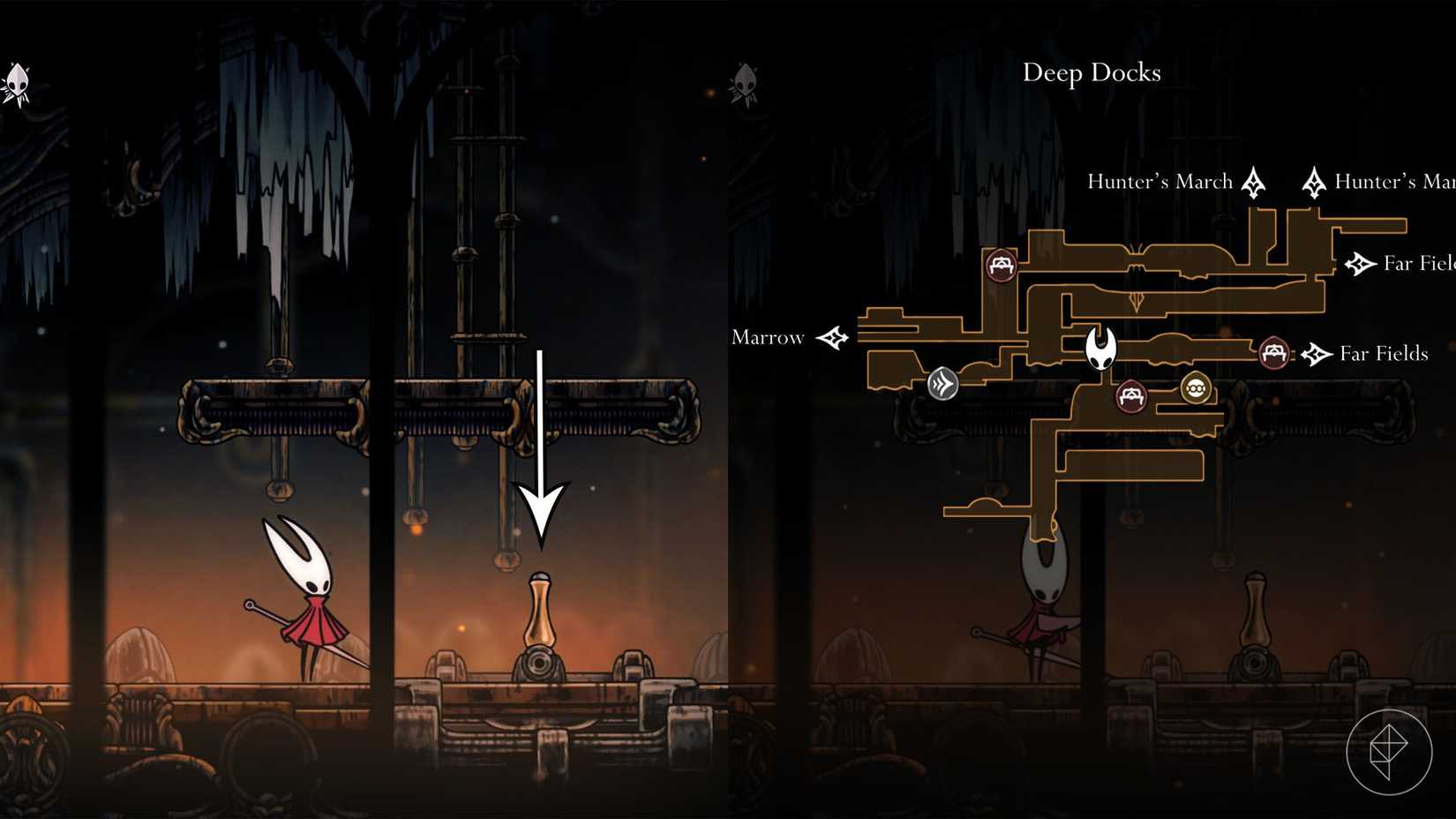 Hornet standing next to a switch that leads to the Deep Docks bench in Hollow Knight: Silksong.