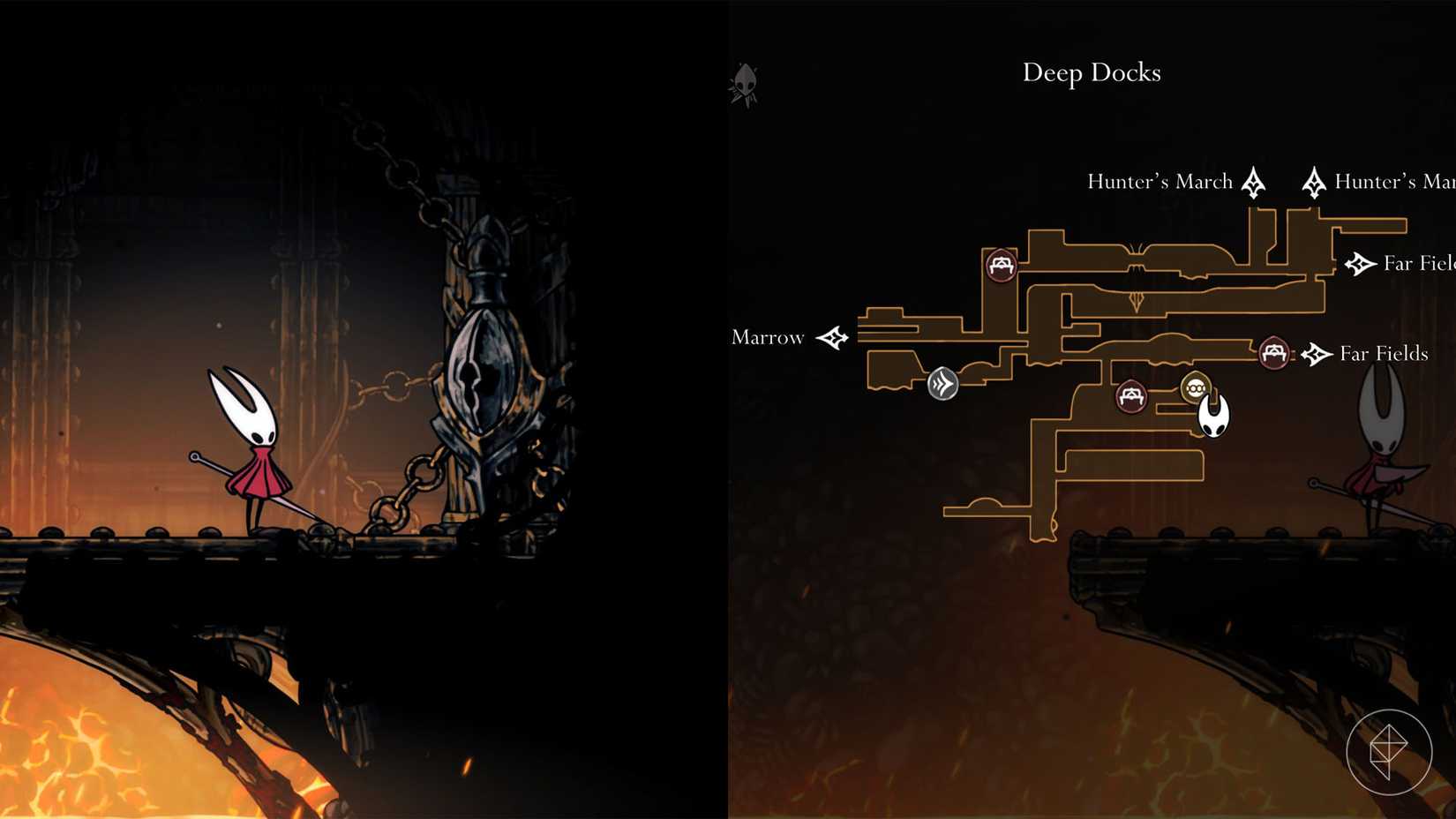 Hornet standing in front of a locked door in Deep Docks in Hollow Knight: Silksong.