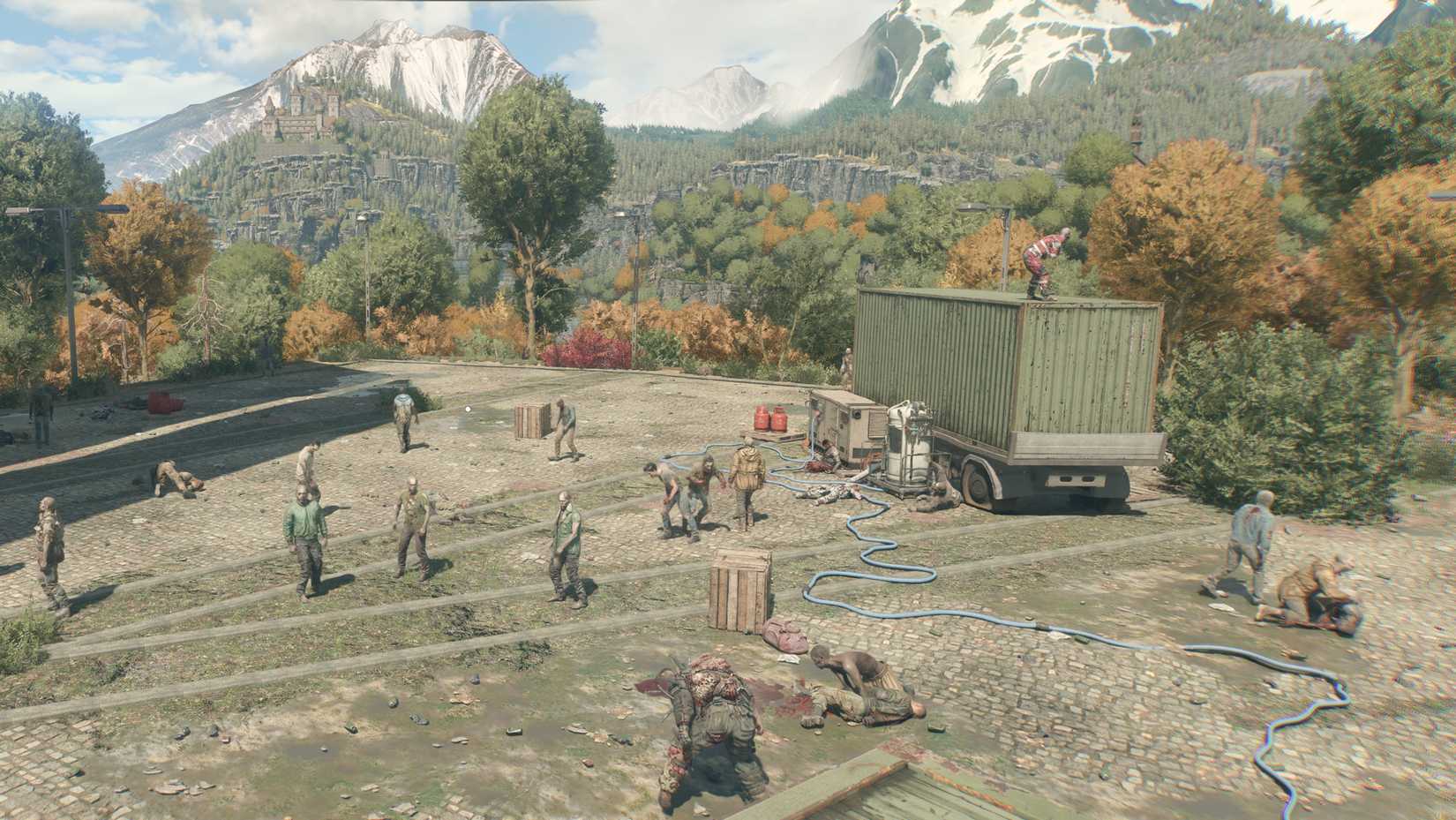 The Beast is practically relaxing to play after Silksong A mountainous landscape in Dying Light: The Beast with a bunch of zombies.