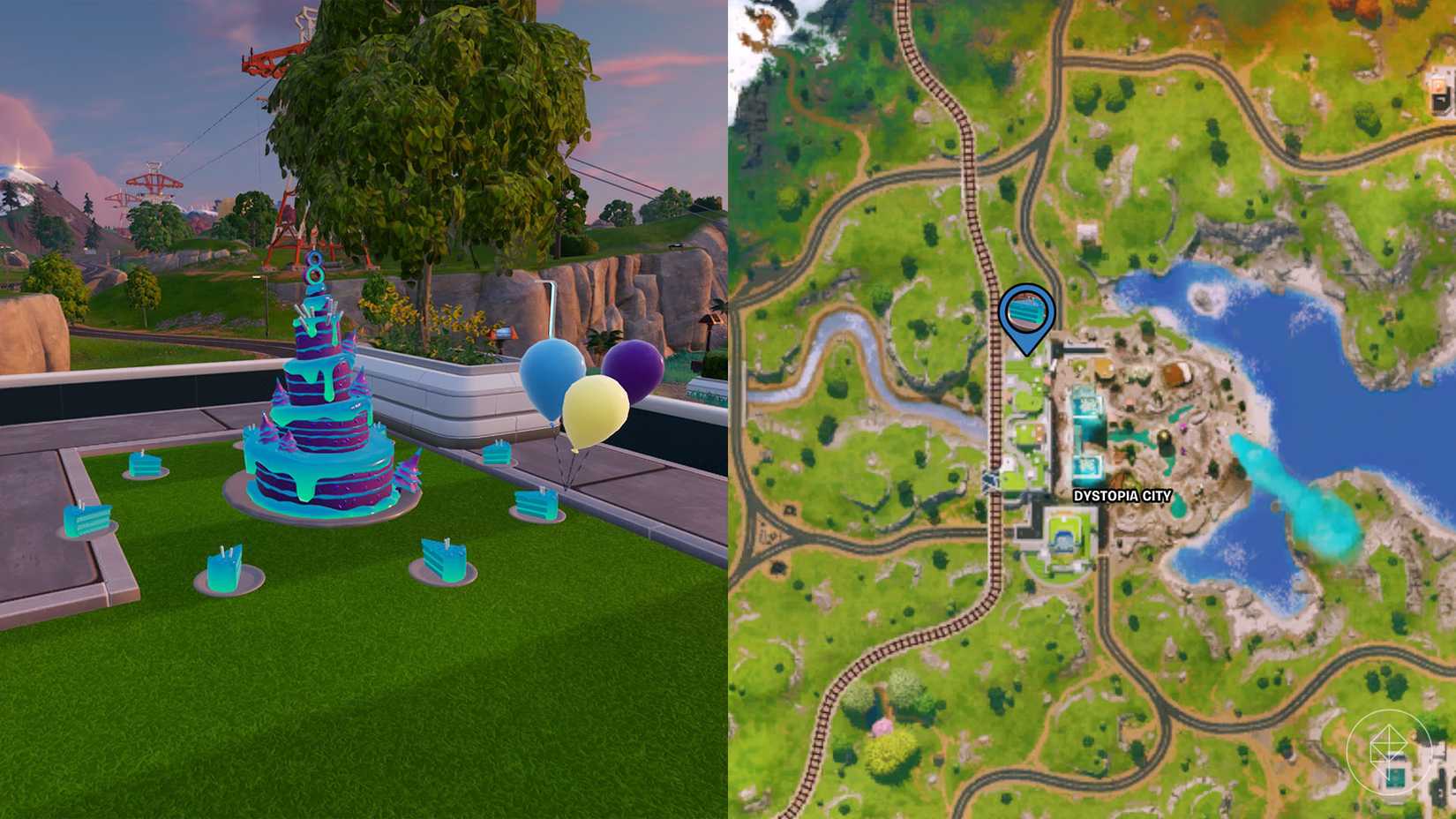 बर्थडे केक फोर्टनाइट में डायस्टोपिया सिटी के उत्तर -पश्चिमी कोने में एक घास के पैच पर पाया गया।