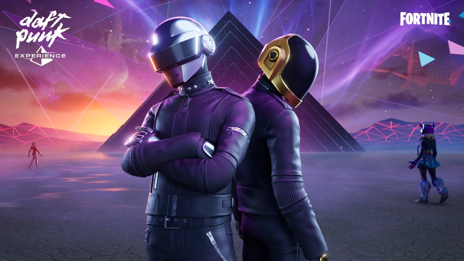 Fortnite में एक पिरामिड के सामने खड़े पंक।