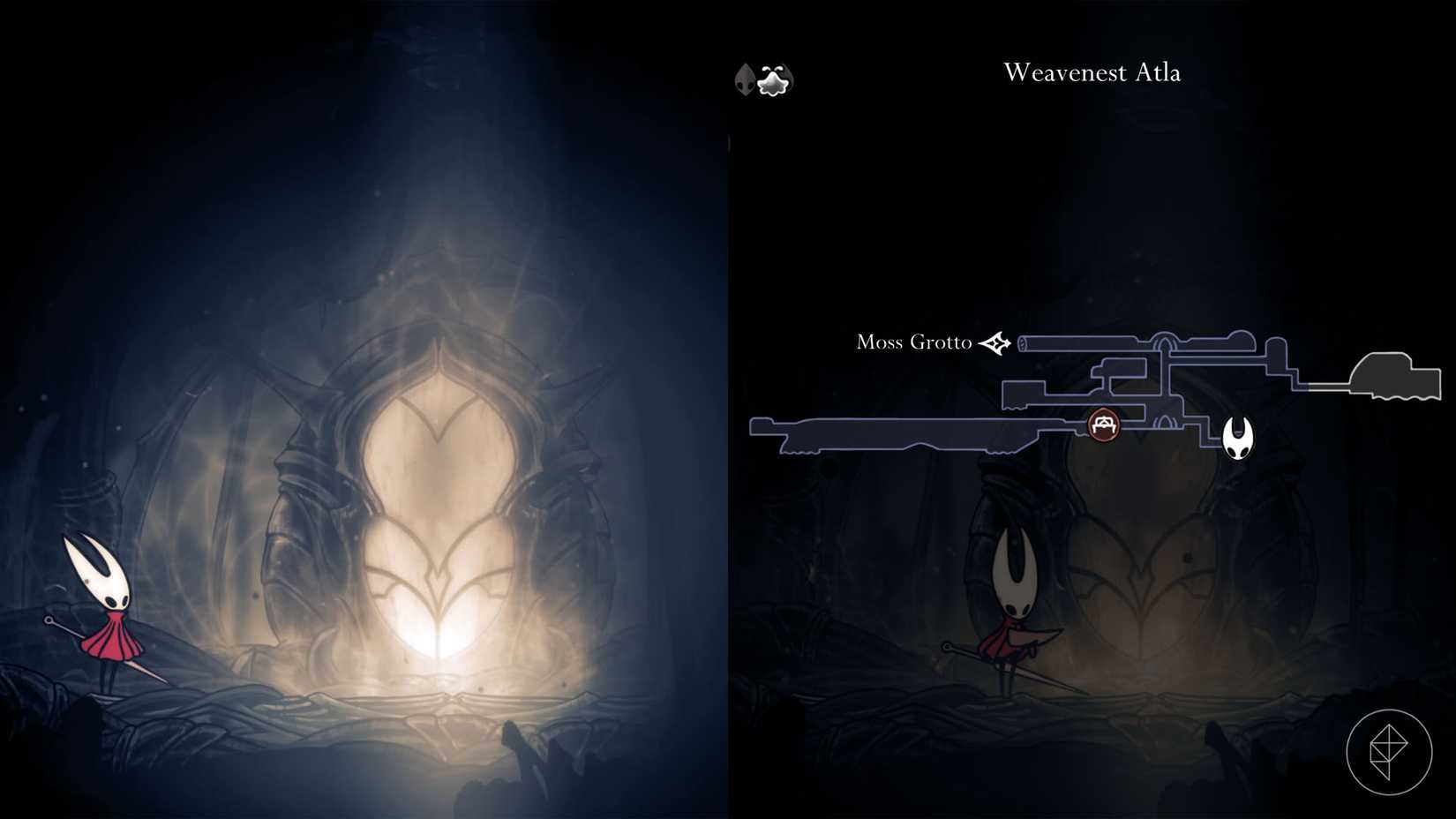 Hornet standing by Eva, a locked weaver in Silksong.