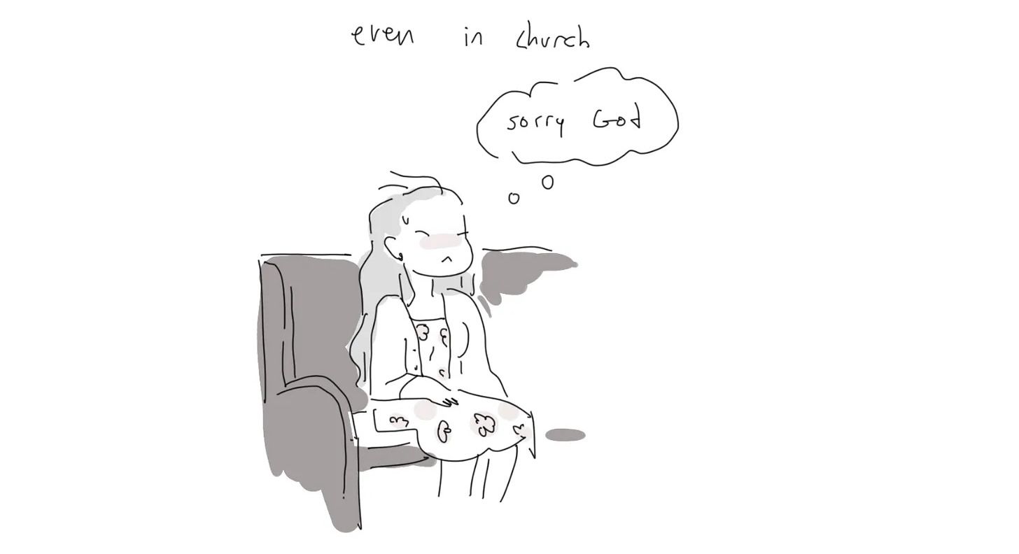 Line-art of a blushing girl in a pew