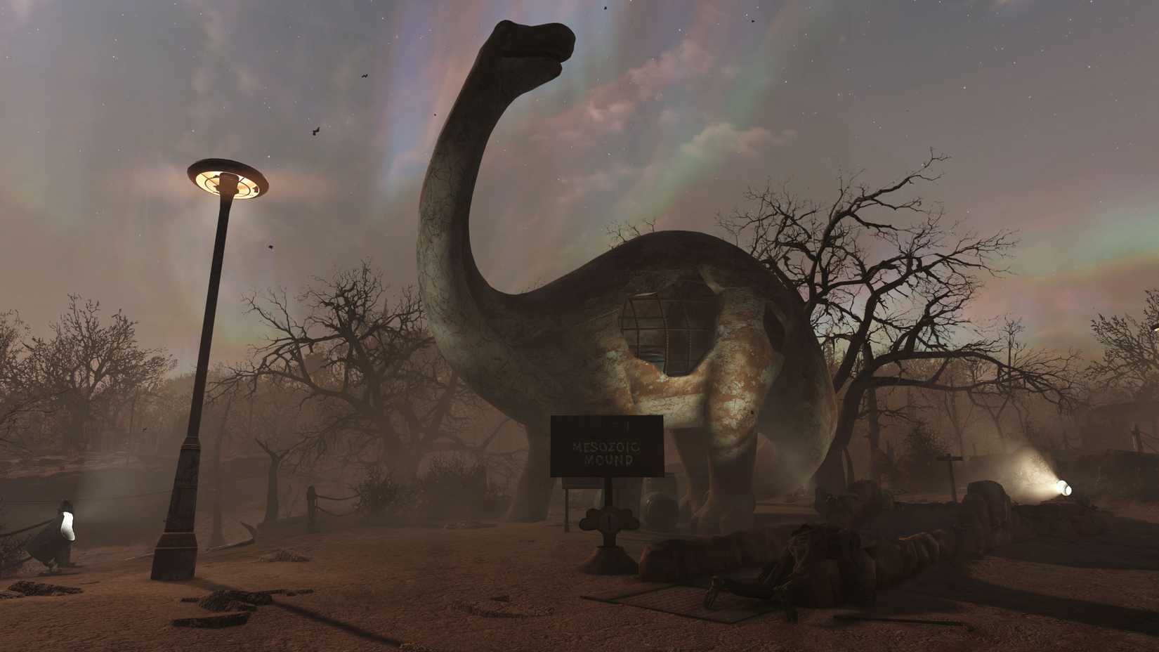 A dinosaur statue stands tall in Fallout 76.