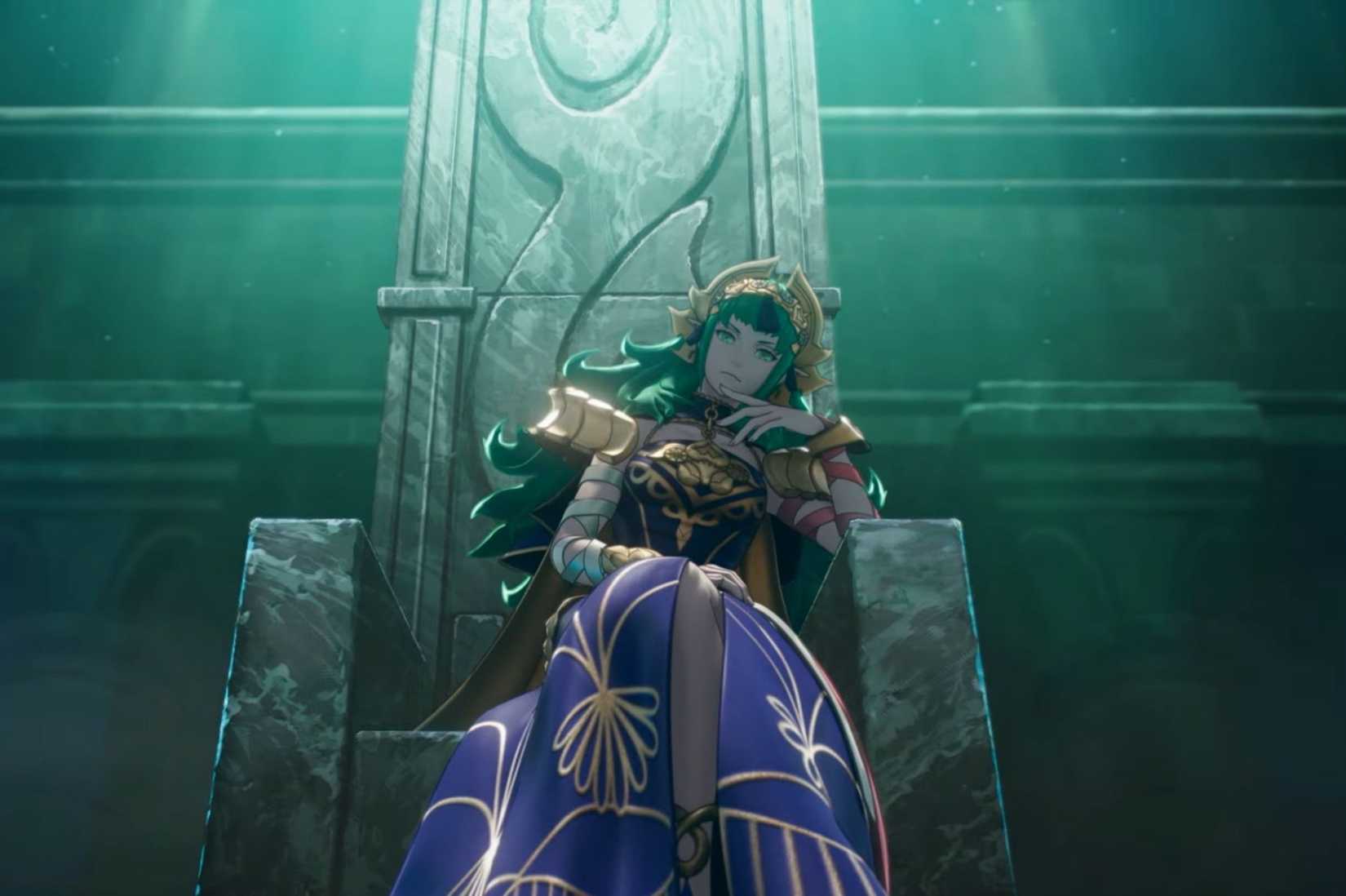 Image from fire emblem fortunes weave. Sothis, older than we saw her in FE3H, sits bored on a stone throne.