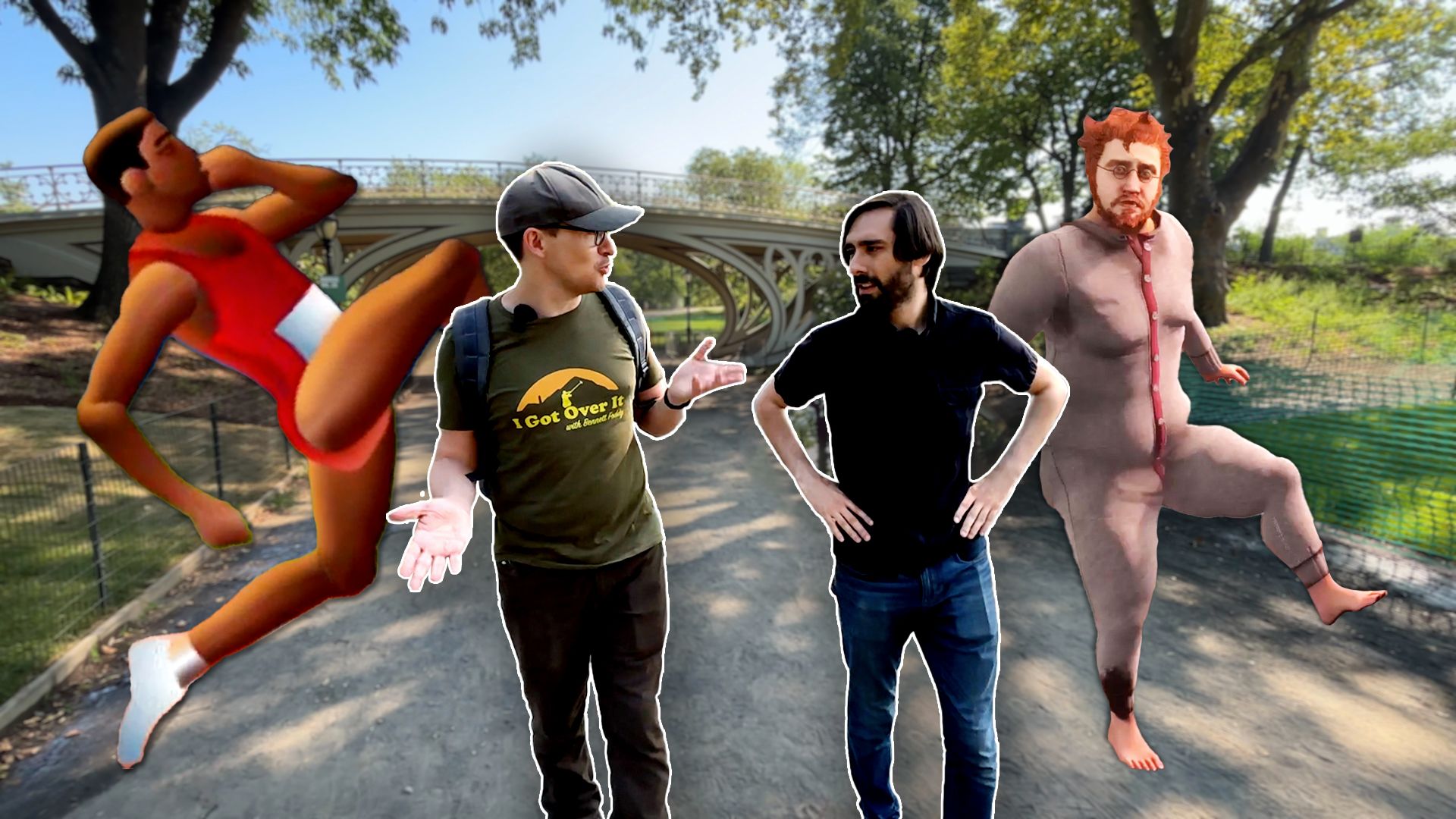 IMAGE: Bennett Foddy and Giovanni Colantonio walking under Bow Bridges in Central Park on a sunny day. The main characters of QWOP and Baby Steps are pictured behind them.