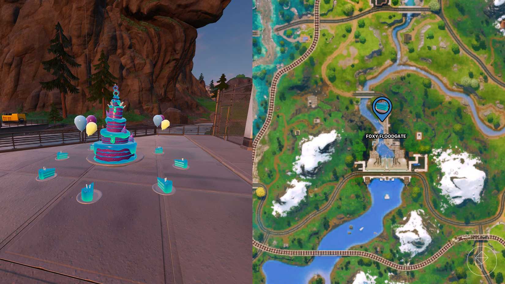 Fortnite में लोमड़ी फ्लडगेट के उत्तरी किनारे पर जन्मदिन का केक।