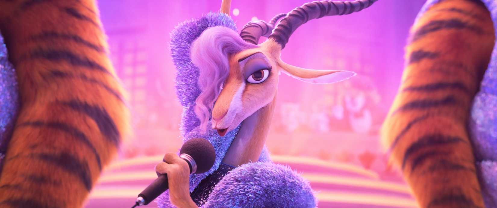 Gazelle, the gazelle pop star from Zootopia, sings in closeup in Zootopia 2