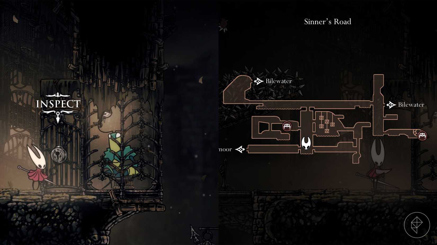 Hornet standing outside of a locked cage with the Green Prince inside in Hollow Knight: Silksong.