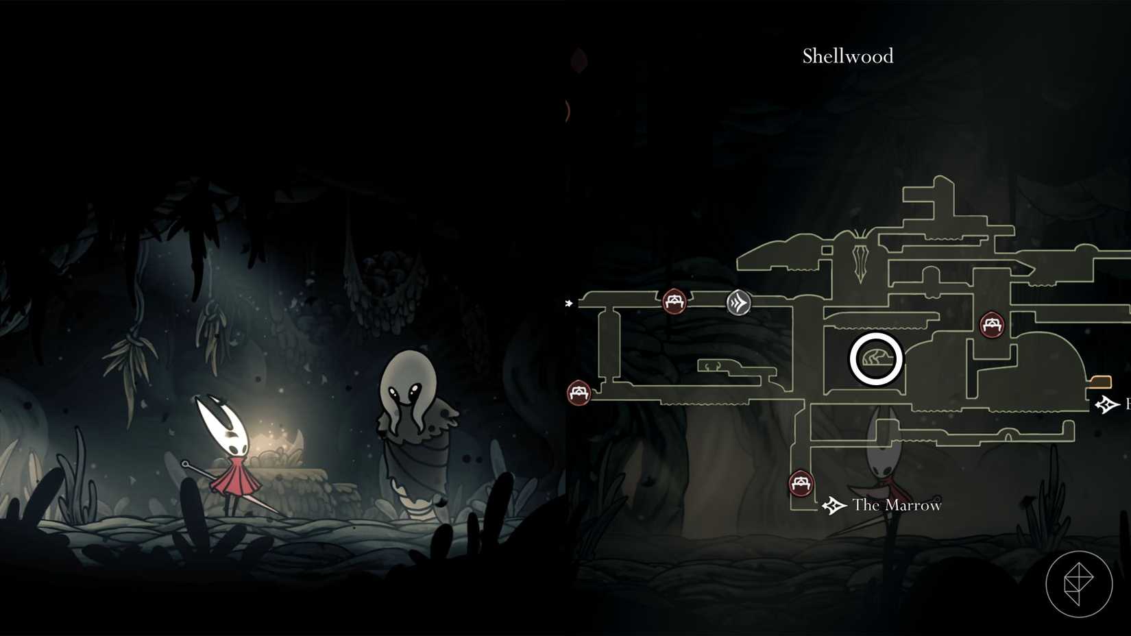 Hornet talking to Greymoor in Shellwood in Hollow Knight: Silksong.