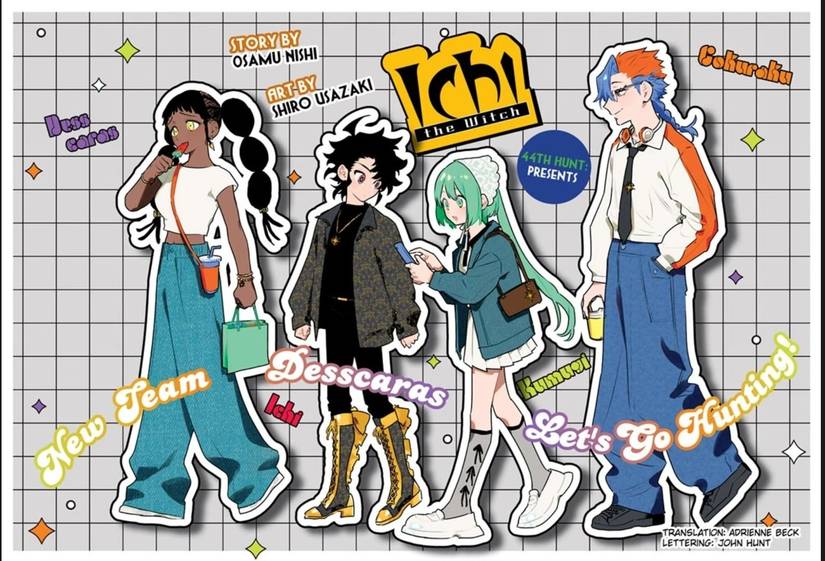 Dragon Ball fans will love award-winning manga Ichi the Witch The color spread for Ichi the Witch chapter 44, showing Ichi, Desscaras, Komugi, and Gokuraku