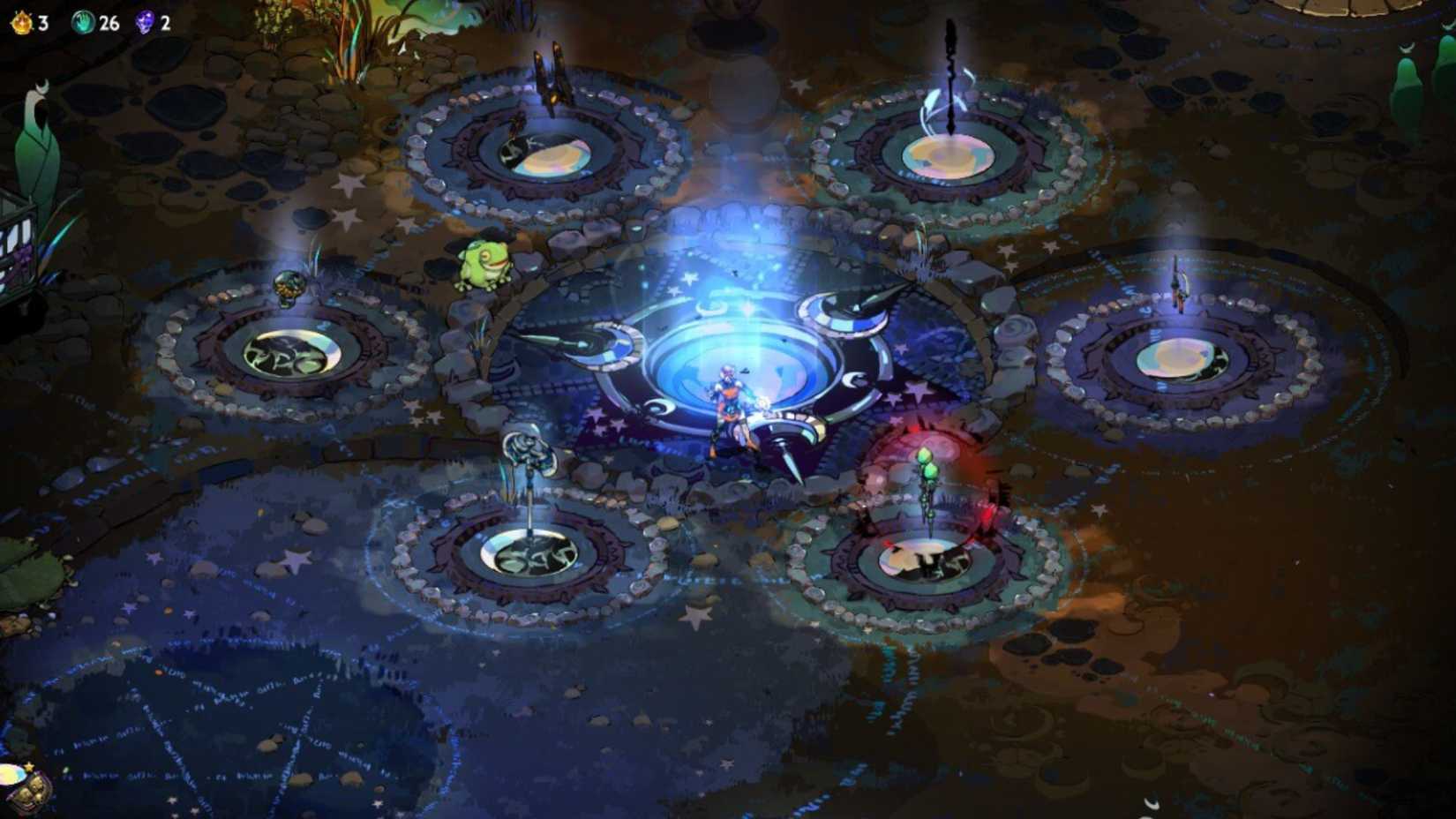 Hades 2 screenshot. It depicts Merinoe standing in the middle of her six weapons she can use to fight Cronos.
