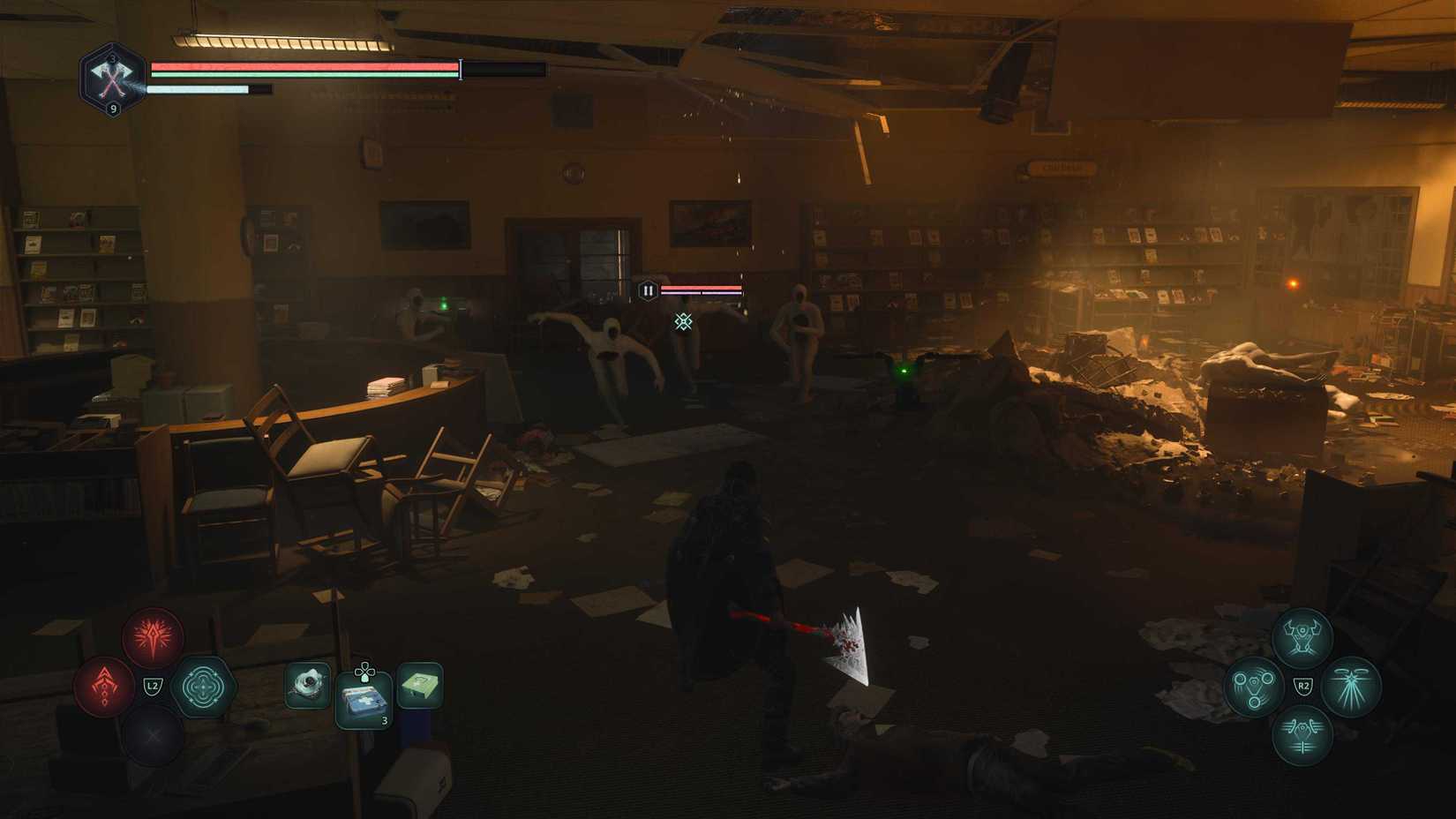 Remi fighting a group of demons in a library in Hell Is Us.