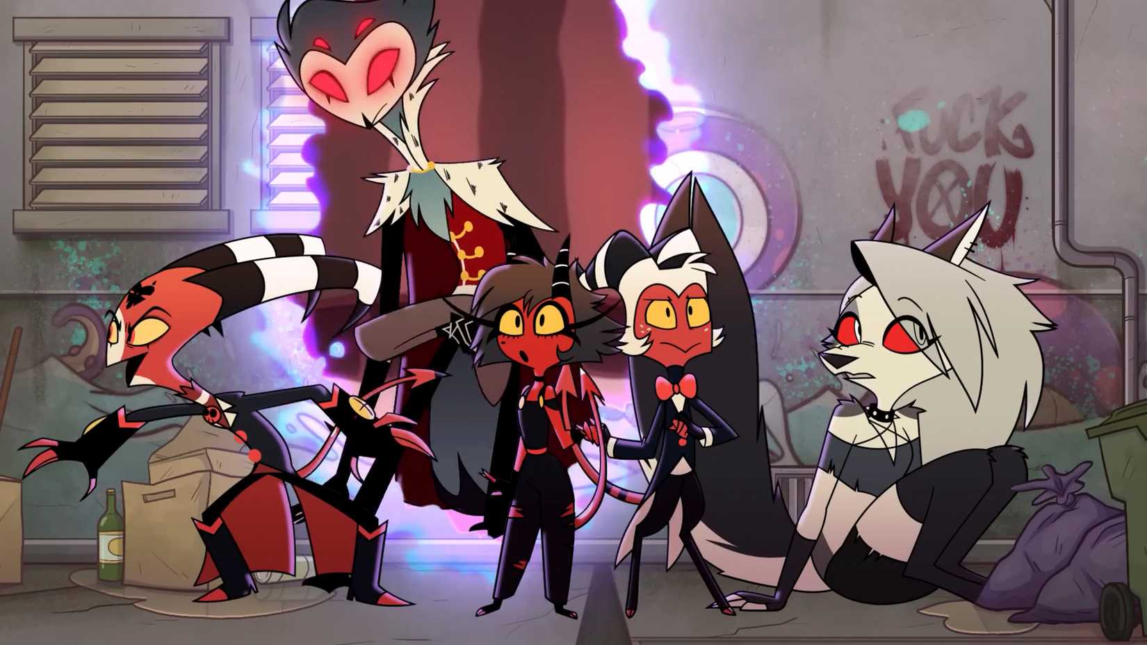The main characters of Helluva Boss — imps Blitzo, Moxxie, and Millie, owl-like Hell Prince Stolas, and hellhound Loona — emerge from a portal into a trash-strewn alley
