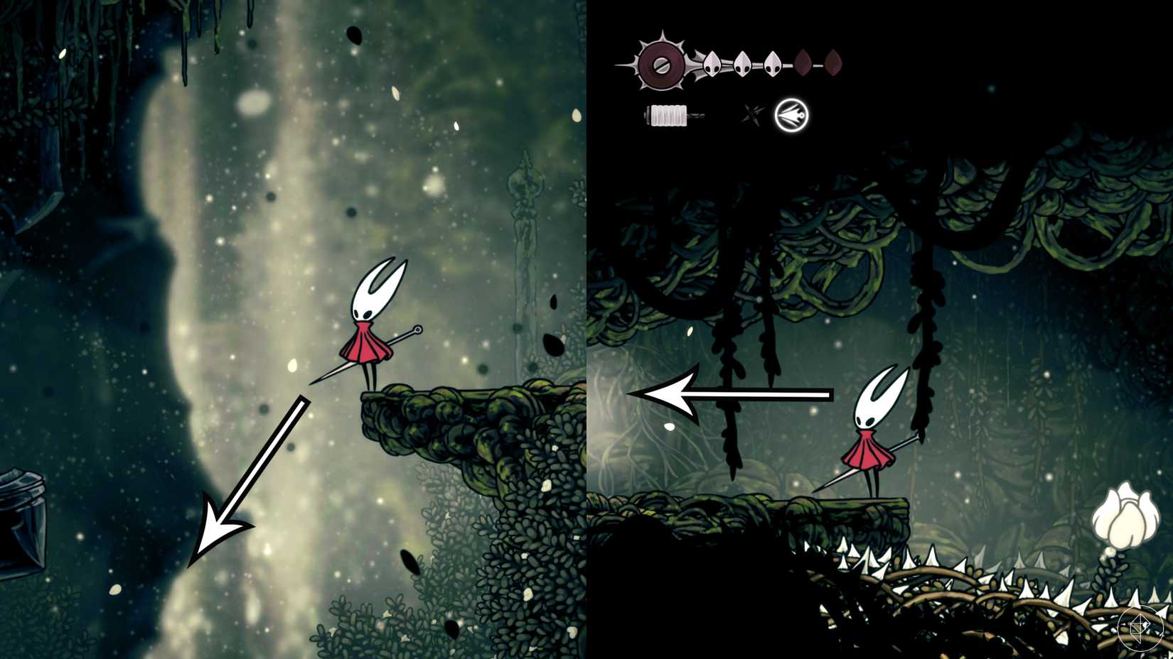 The path to the Cling Grip wall jump location in Hollow Knight: Silksong.